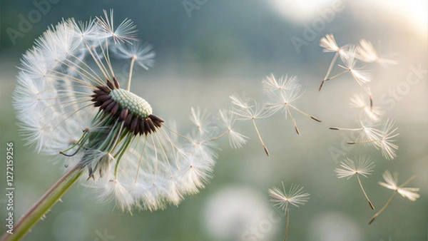 Fototapeta Closeup of dandelion seeds dispersing in the wind with blurred green background