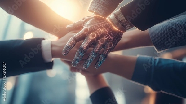 Fototapeta Humans connect with a group stacking hands with a humanoid robots hand symbolizing teamwork between an AI agent and humanity as a team using autonomy and agentic automation