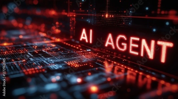 Fototapeta The words AI Agent on a futuristic background symbolizing future agentic autonomy and automation using a chatbot assistant for copilot support through AGI technology for bot assistance