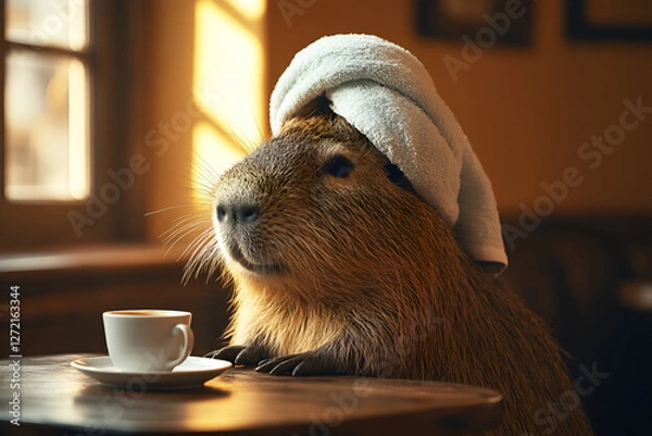 Obraz elegant well-groomed capybara, in a towel on her head after a shower, drinks morning coffee
