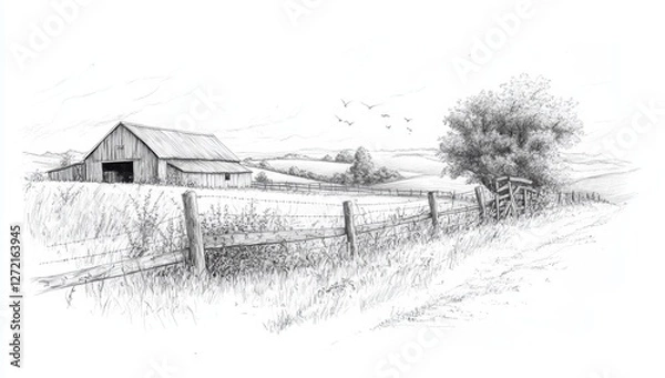 Obraz Detailed pencil sketch of a rustic barn and countryside landscape with trees and a wooden fence