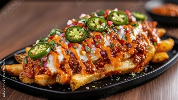 Fototapeta Loaded fries topped with cheese, jalapenos, onions, and chili sauce