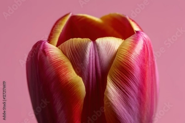 Fototapeta Close-up of a vibrant tulip with red, yellow, and orange petals, set against a soft pink background, showcasing delicate texture and colors