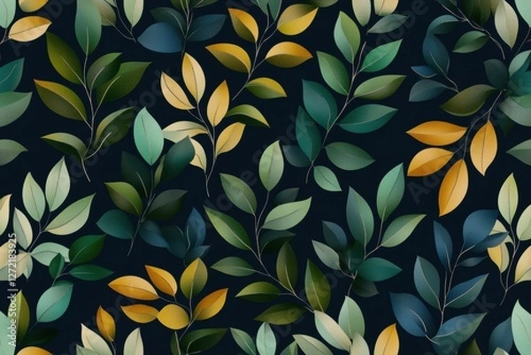 Fototapeta Seamless botanical pattern with layered green leaves on a dark background for natural and elegant design