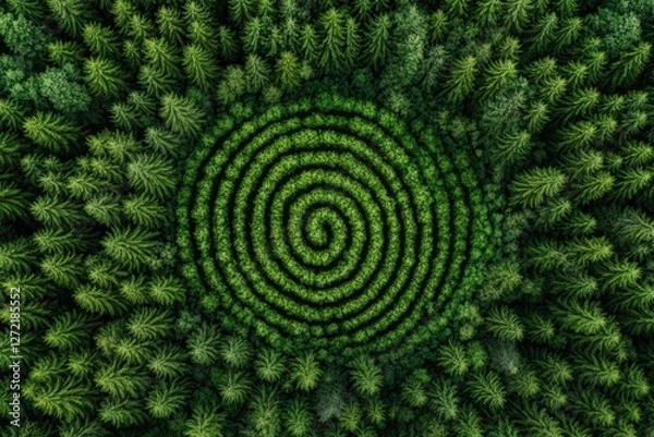 Obraz Aerial view of a mesmerizing spiral tree plantation surrounded by dense green forest