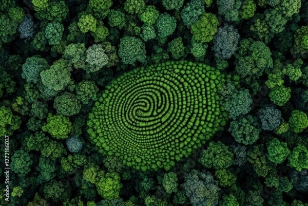 Obraz Aerial view of a mesmerizing spiral tree plantation surrounded by dense green forest
