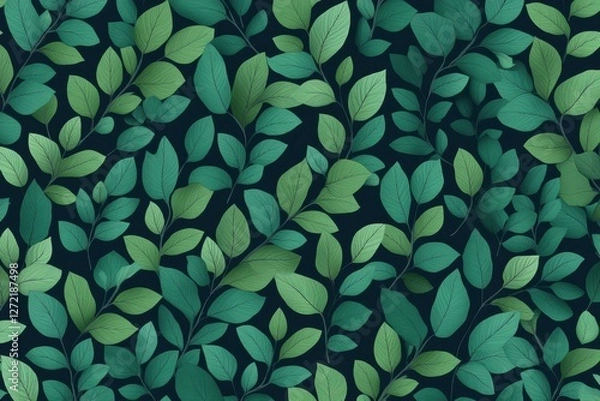 Obraz Seamless botanical pattern with layered green leaves on a dark background for natural and elegant design