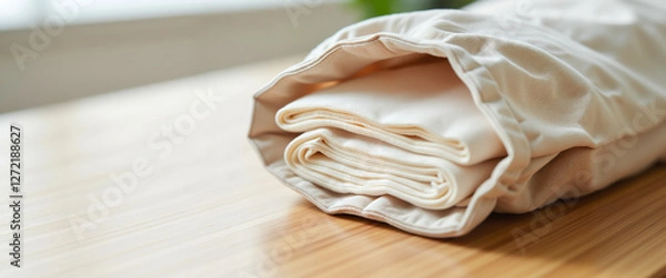 Fototapeta Pollen allergy tissue pack in soft fabric bag on wooden surface, ideal for blogs and educational content