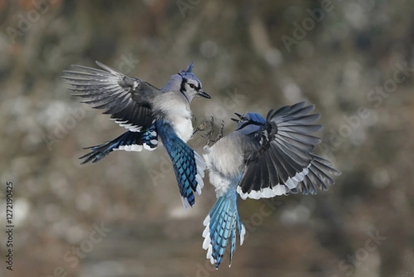 Obraz Jays and Mourning Doves and Red Bellied fighting over food