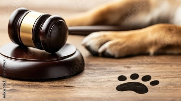 Fototapeta Dog paws beside judge gavel on table, representing animal law and pet rights