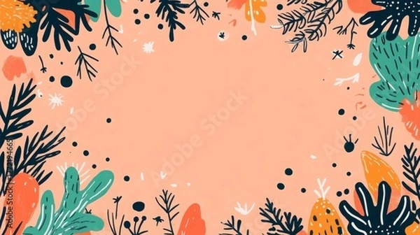 Fototapeta Hand-drawn doodles form a playful frame on a peach background, adding a whimsical touch to any project