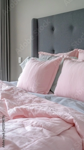 Fototapeta A beautifully arranged queen bed features delicate pink sheets and matching pillows, complemented by a chic grey headboard. The serene ambiance invites relaxation and comfort