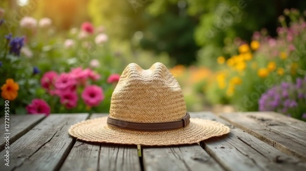 Fototapeta A wide-brimmed straw sun hat resting on a rustic wooden garden table, surrounded by gardening tools and vibrant flowers