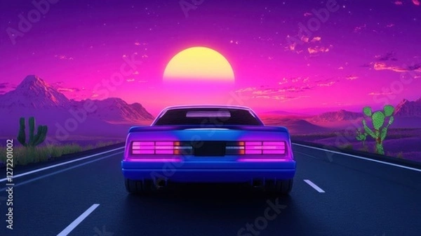 Fototapeta Mounting vibes 80s style illustration with retro car driving into the sunset. Back car view
