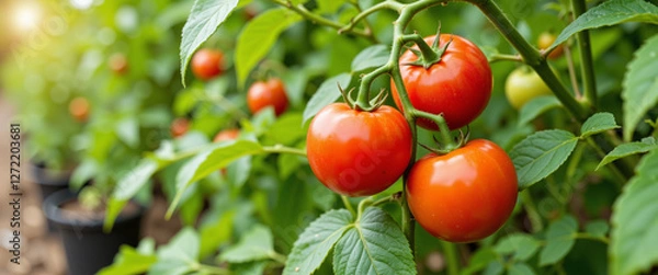 Obraz Ripe red tomatoes surrounded by vibrant green leaves convey a sense of freshness and abundance, growing in a lush garden setting with soft sunlight illuminating the scene
