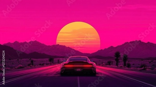 Fototapeta 80s synthwave styled landscape with road and modern car