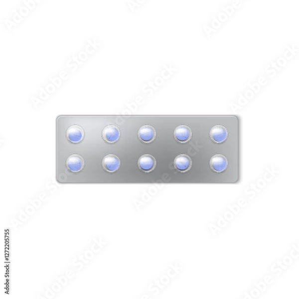 Fototapeta Pills blister pack 3D vector icon, realistic transparent package containing round blue tablets, medicine drugs mock up