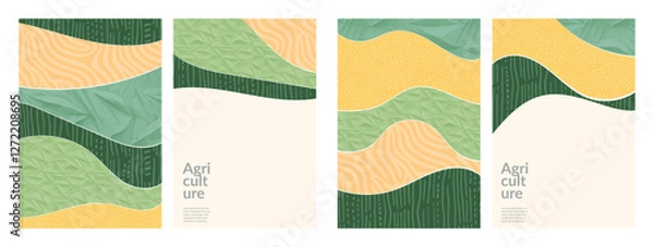 Fototapeta Sustainable agriculture with green geometric pattern and abstract illustration of Korea’s farmland. Organic farming flat vector art design, nature, agro landscape. Eco-friendly poster, invite, layout