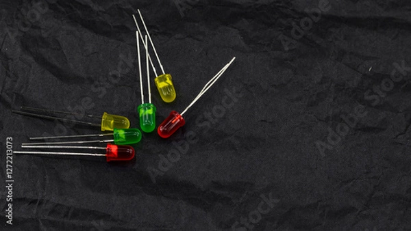 Fototapeta collection of red, green, and yellow LED diodes arranged on a dark crinkled paper surface, highlighting the different colors and detailed structure of the electronic components