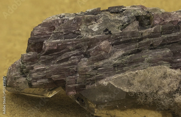 Fototapeta Striking specimen of elbaite tourmaline crystals, intertwined with quartz and lepidolite, set against a vibrant yellow backdrop, highlighting the intricate details and natural beauty of minerals