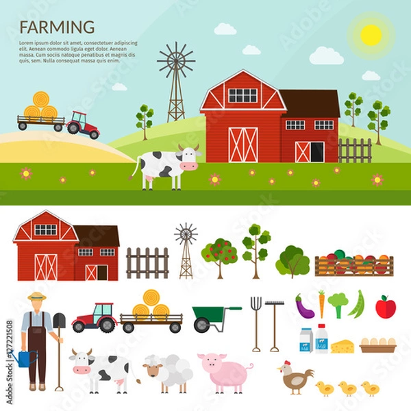 Fototapeta Big set of vector farm elements and animals background.