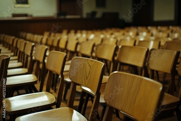 Fototapeta Rows of empty wooden chairs fill the courtroom jury box, showcasing a low-angle perspective that emphasizes the tranquil yet serious ambiance of the legal space