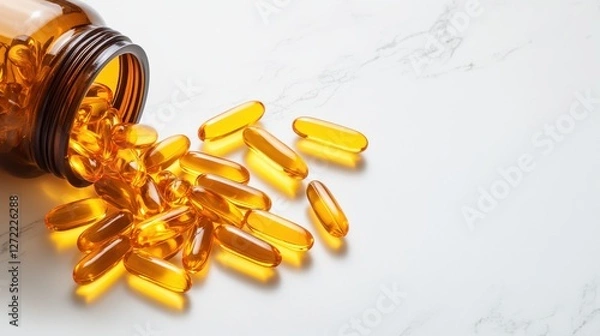 Fototapeta Vitamin d capsules spilled from brown bottle on marble surface