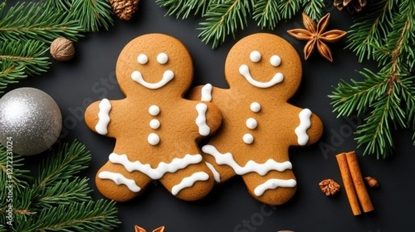 Fototapeta Two gingerbread men cookies surrounded by christmas themed decorations
