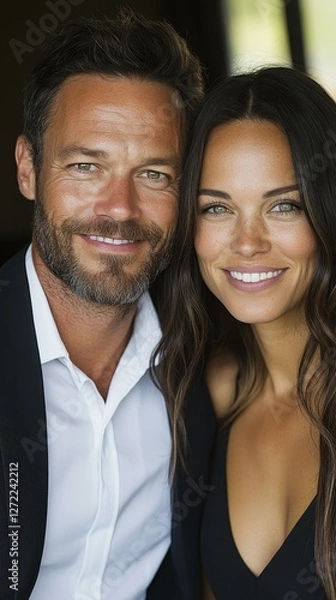 Obraz A man and woman are smiling for the camera. The man is wearing a suit and the woman is wearing a black dress. They appear to be happy and enjoying each other's company