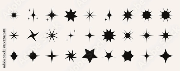 Fototapeta Stars icon collection. Abstract star set, geometric sparks and sparkle silhouette symbols, minimalist decorative retro starlight signs different shapes. Vector isolated set