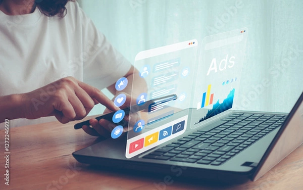 Fototapeta Online sale of digital marketing concept, ad, product ads, promotion of product or service through digital tools. Online advertising social media. Business analysis technology. Woman using the phone.
