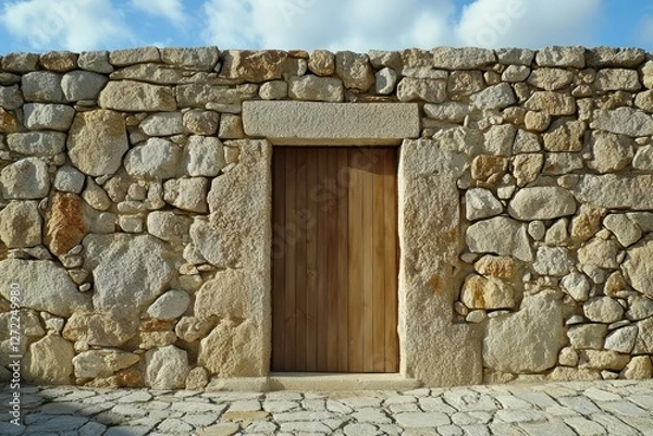 Fototapeta Rustic stone cottage under blue skies. Neural network AI generated
