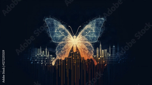 Obraz The silhouette of a beautiful butterfly flutters gracefully in the air against the silhouette of a stunning city skyline, creating a mesmerizing scene