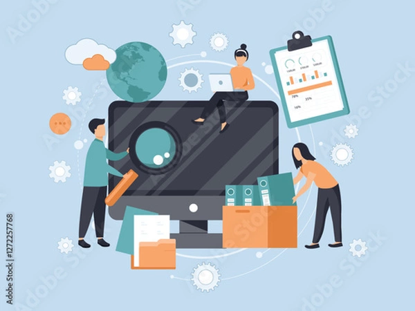 Fototapeta Office workers organizing data storage and file archive on server or computer. PC users searching documents on database. Vector illustration for information technology, source concept
