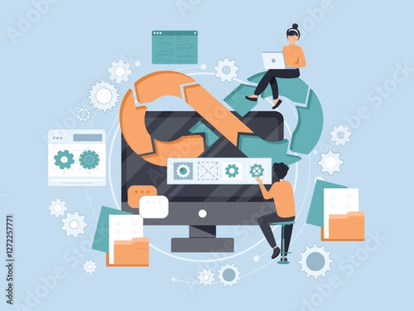 Fototapeta DevOps developers work with computers scene. DevOps engineers web design with people. Development operations composition in flat style. Vector illustration for social media promotional materials.