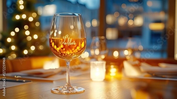 Fototapeta Wine glass on elegant table setting with christmas tree