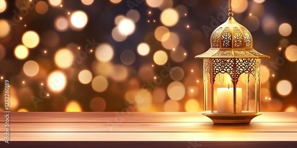 Fototapeta Golden ornate lantern illuminates a wooden surface in a festive glow