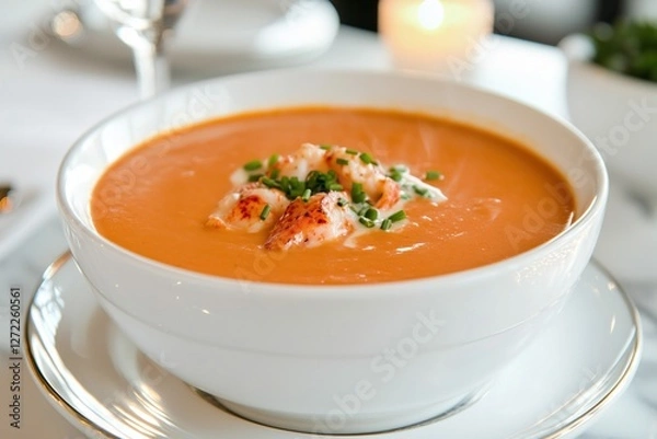 Fototapeta Creamy lobster bisque garnished with chives in an elegant white bowl