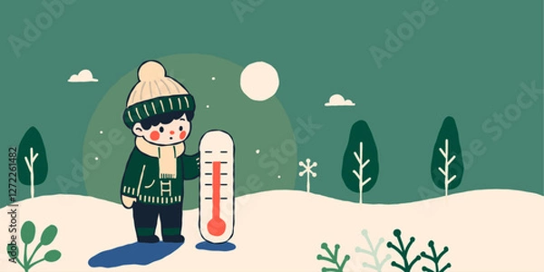 Fototapeta 雪の日の男の子と温度計、独立した背景
