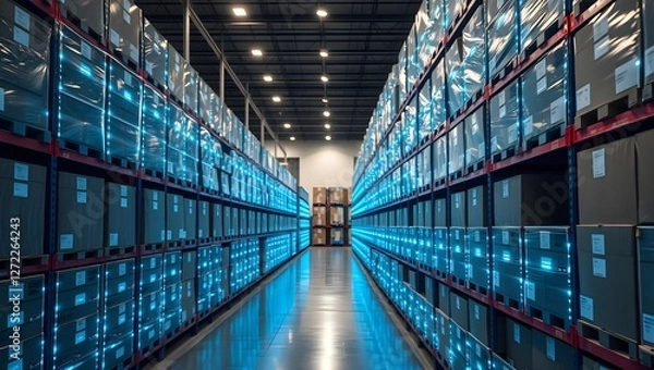 Fototapeta A modern warehouse filled with illuminated storage containers, showcasing a sleek, organized environment for efficient logistics and inventory management.
