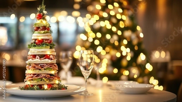 Fototapeta Sandwich christmas tree celebrating festive dinner party, copy space