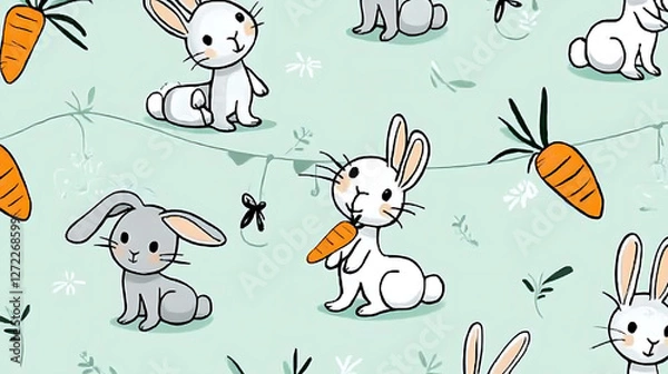 Obraz A cartoon rabbit holding a carrot in a field. generated using AI