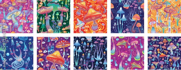 Obraz Psychedelic Magic Mushrooms Seamless Pattern Set
Perfect for textiles, wrapping paper, fabric prints, stationery, and decorative surfaces.
Print