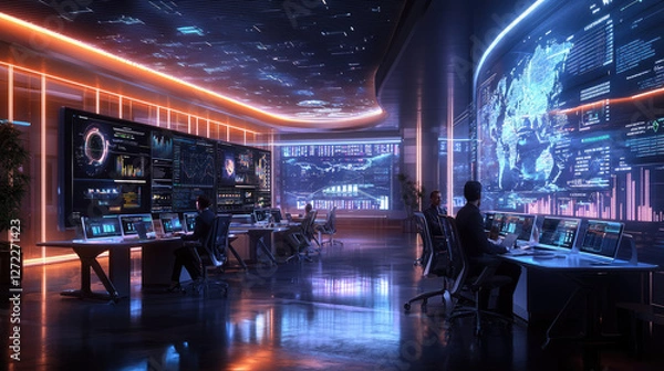 Fototapeta Futuristic control room with diverse team analyzing data on multiple large screens