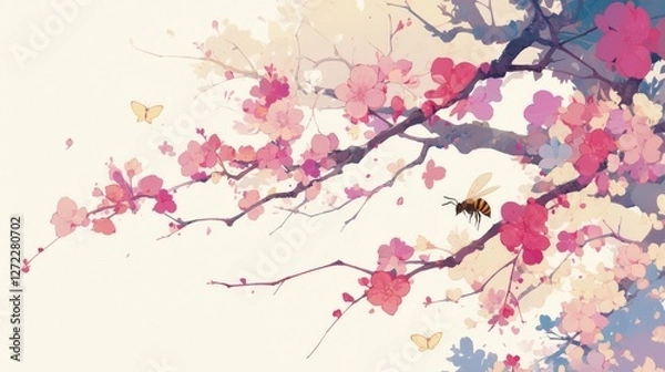 Fototapeta 
Bees collecting nectar, butterflies flying, flowers blooming in spring