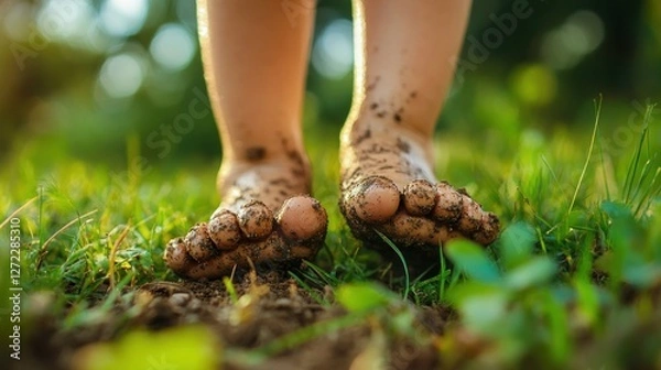 Fototapeta Close-up of muddy feet on grass in natural setting
