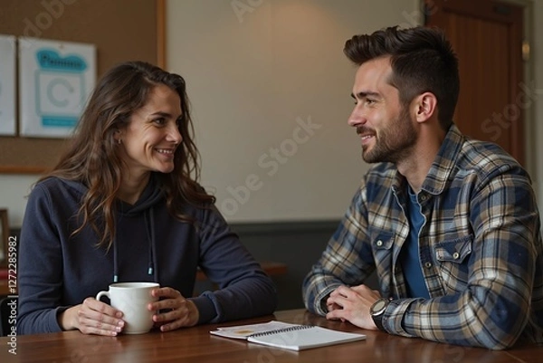 Fototapeta Peer support counselor meets with recovering addict in cafe