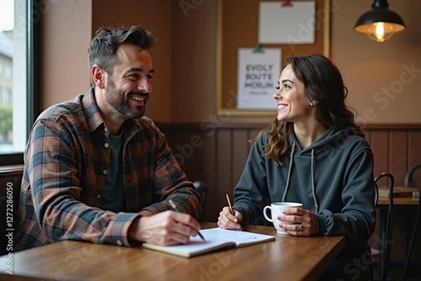 Fototapeta Peer support counselor meets with recovering addict in cafe