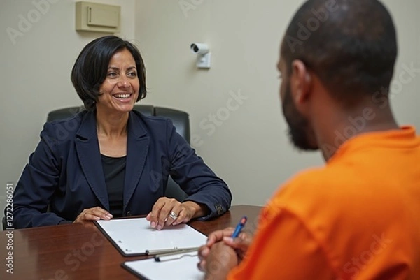 Fototapeta Prison social worker in counseling session with inmate