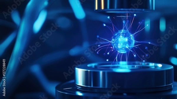 Fototapeta A close-up of a futuristic microscope focusing on an energy particle, showcasing blue light and advanced technology elements in a scientific laboratory. Innovative and captivating.